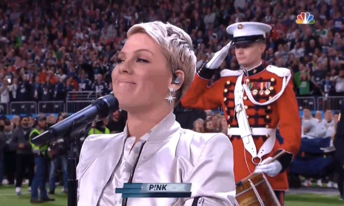 Pink singing at the Super Bowl.