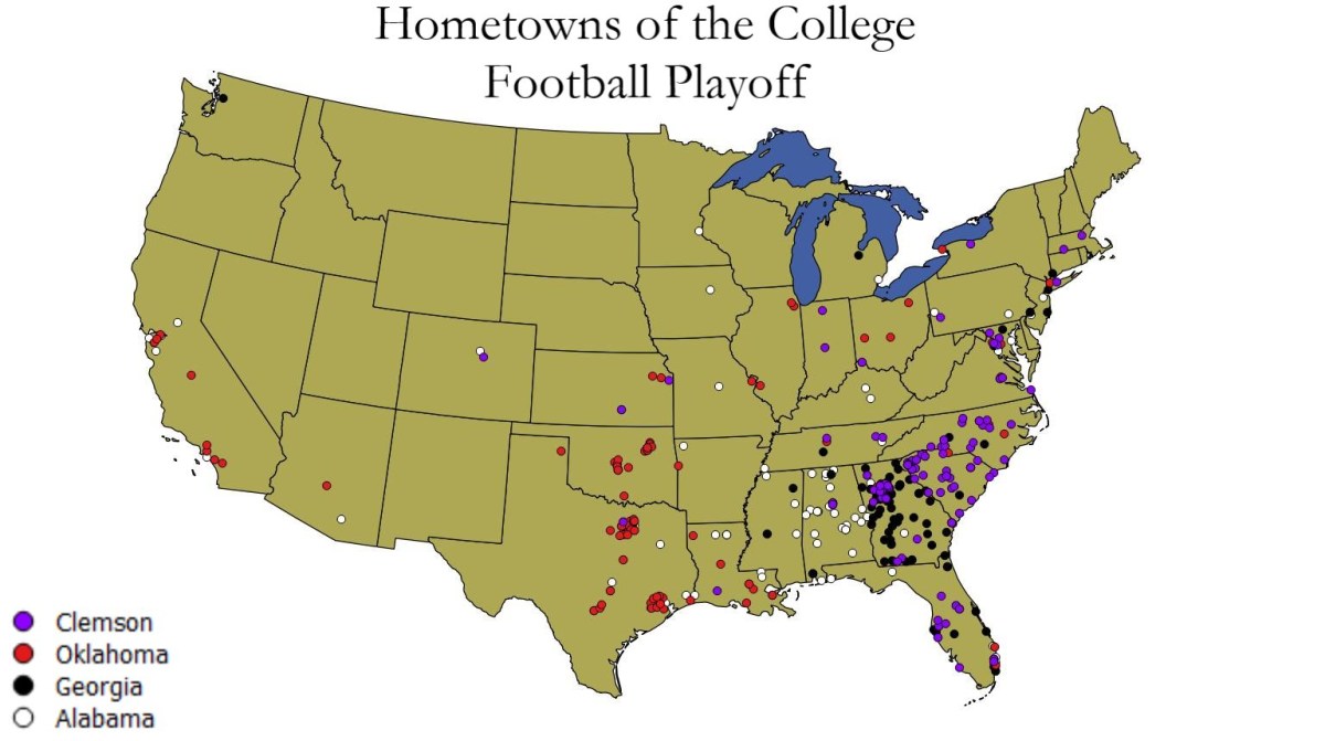 Map of the hometowns of players in the College Football Playoff.