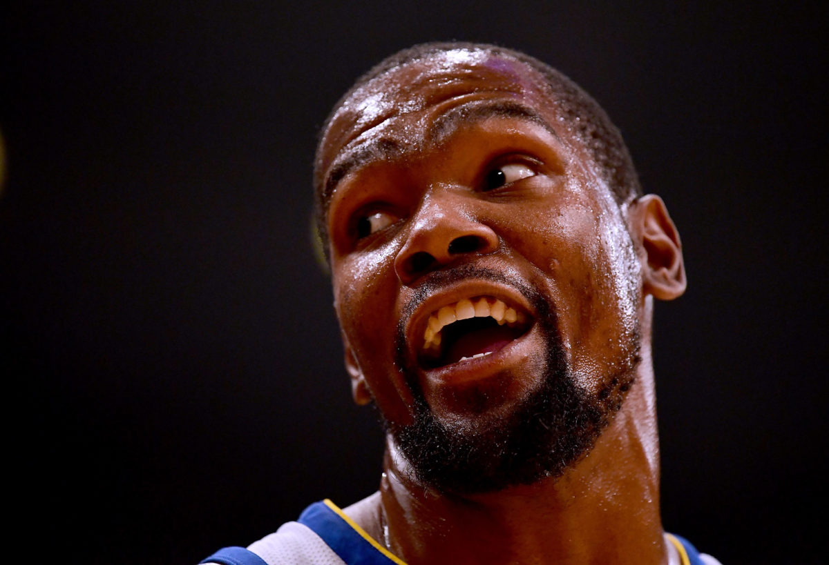 An extreme closeup of Kevin Durant's face.