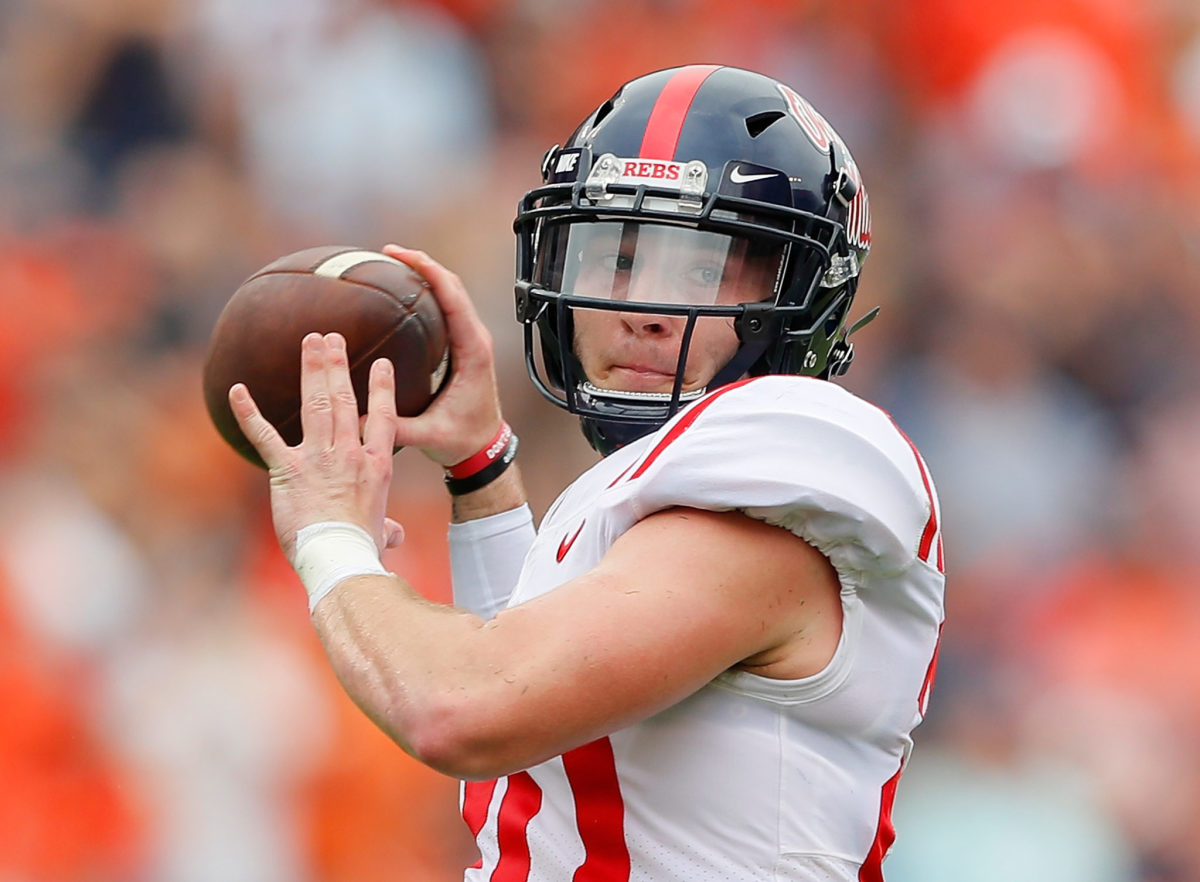 A closeup of Shea Patterson throwing the ball for Ole Miss.