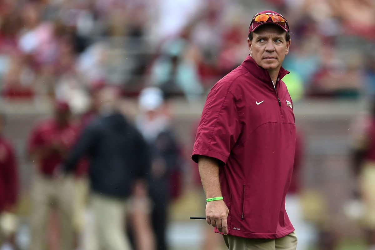 A closeup of Jimbo Fisher in a Florida State pullover.