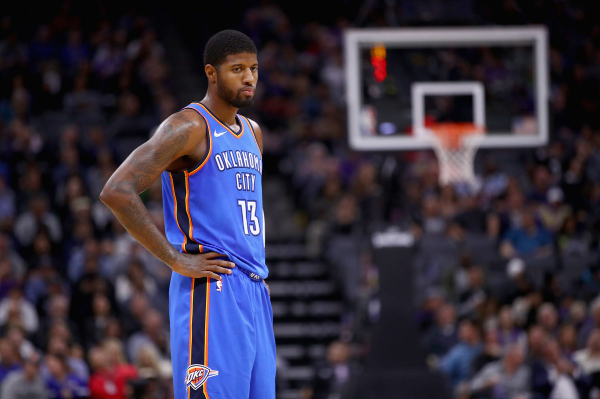 Paul George stands on court during Oklahoma City Thunder game vs. Sacramento Kings.