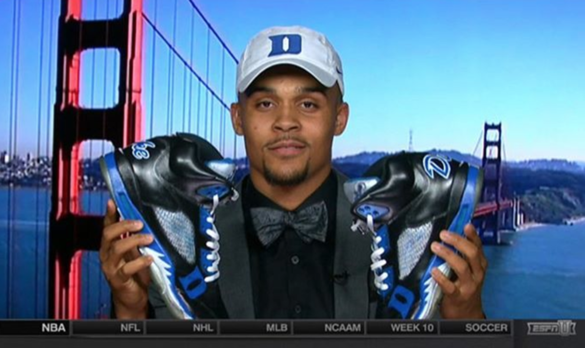 Gary Trent shows off some Duke shoes after committing to play for the Blue Devils.