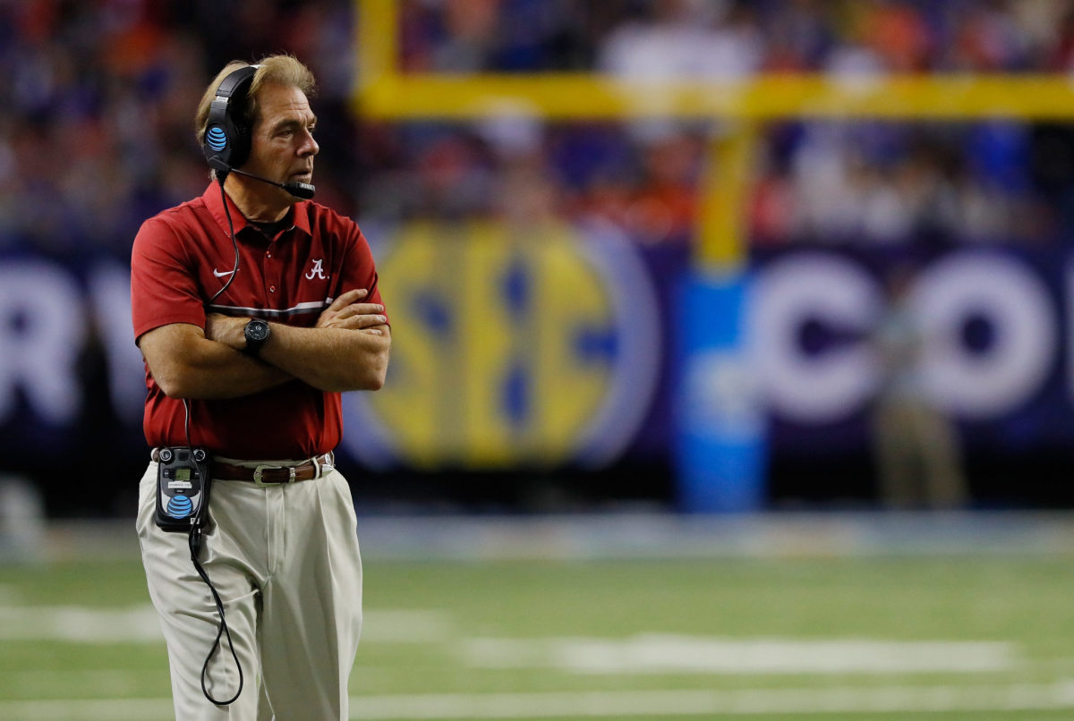 Head coach Nick Saban of the Alabama Crimson Tide looks on in the second half against the Florida Gators during the SEC Championship game.