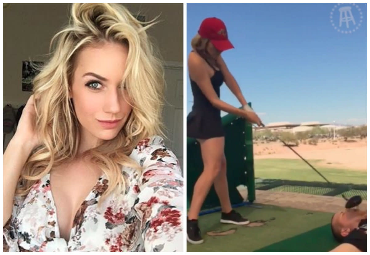 Paige Spiranac hits golf ball from a guy's mouth.