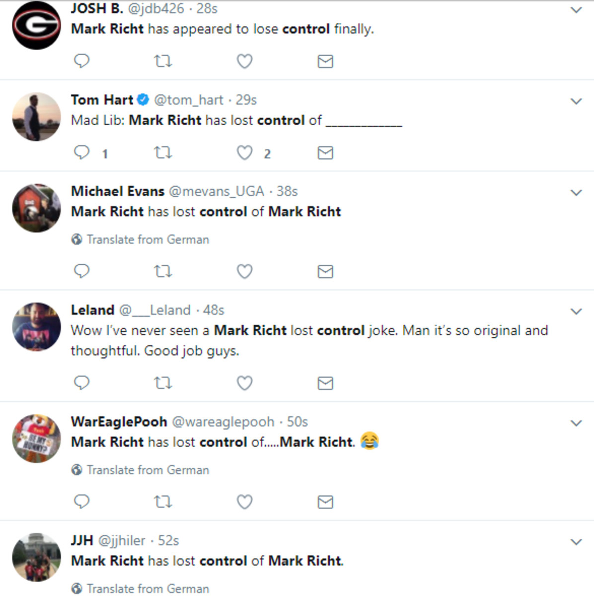 Twitter erupts in "Mark Richt has lost control" jokes after penalty.