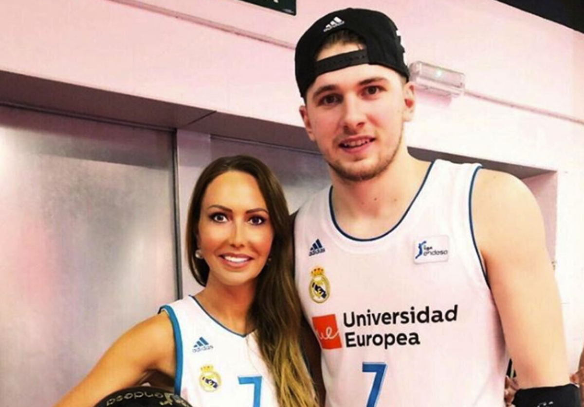 Luka Doncic and his mother Mirjam Poterbin pose ahead of the NBA Draft.