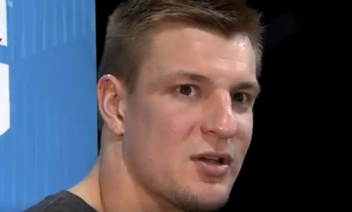 Rob Gronkowski listening to a question.