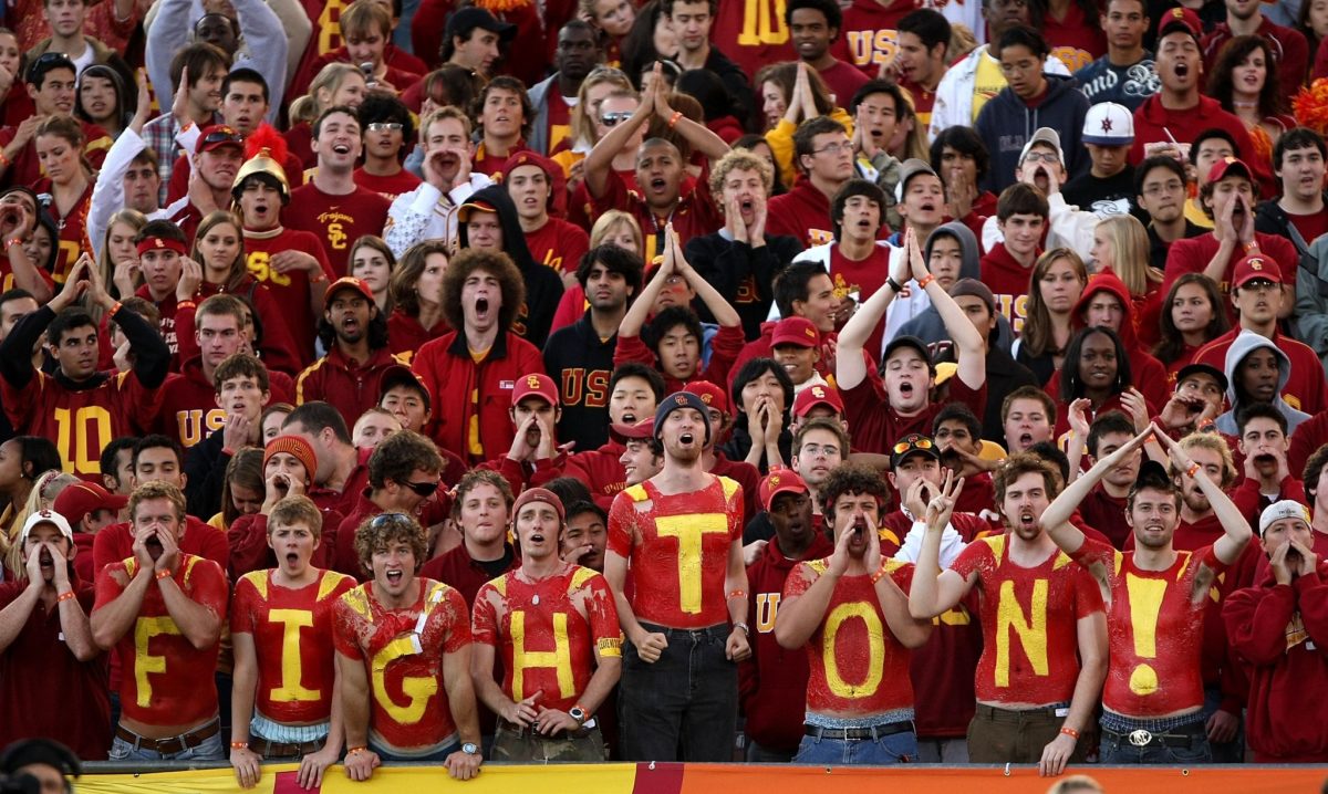 USC Trojans fans cheer in the game against the Washington State Cougars.