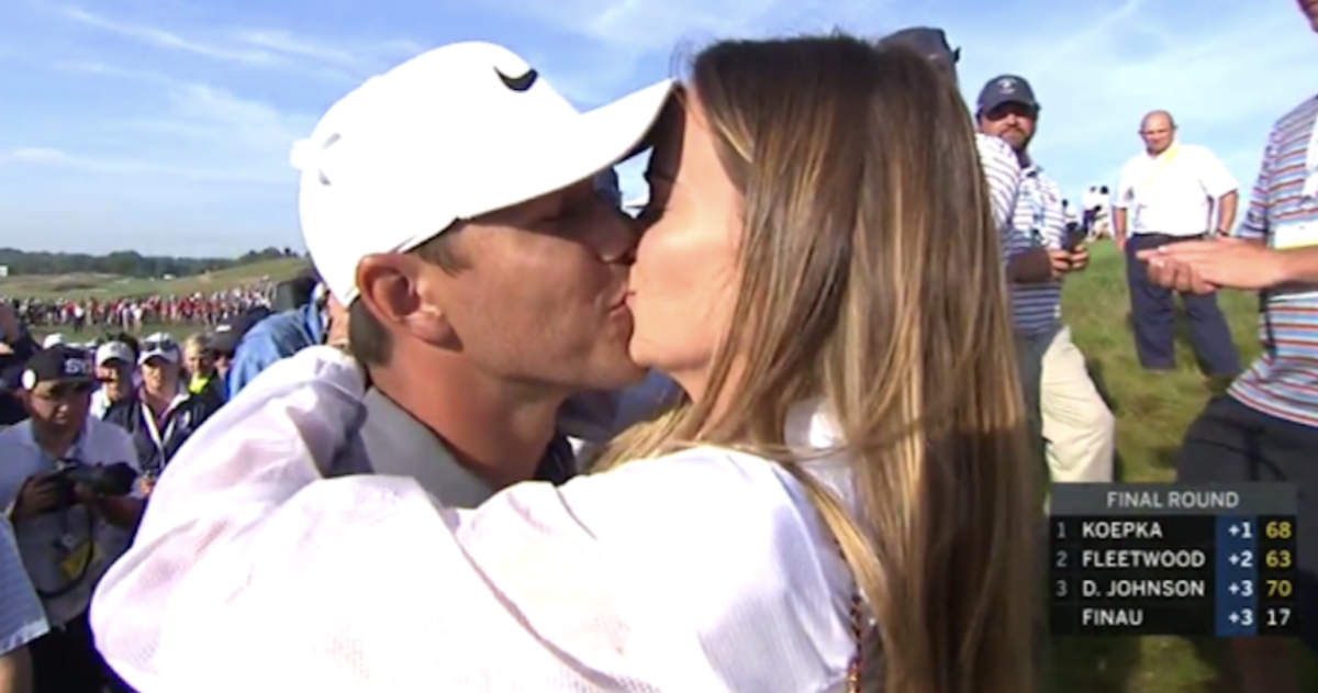 brooks koepka kisses his girlfriend after winning the us open