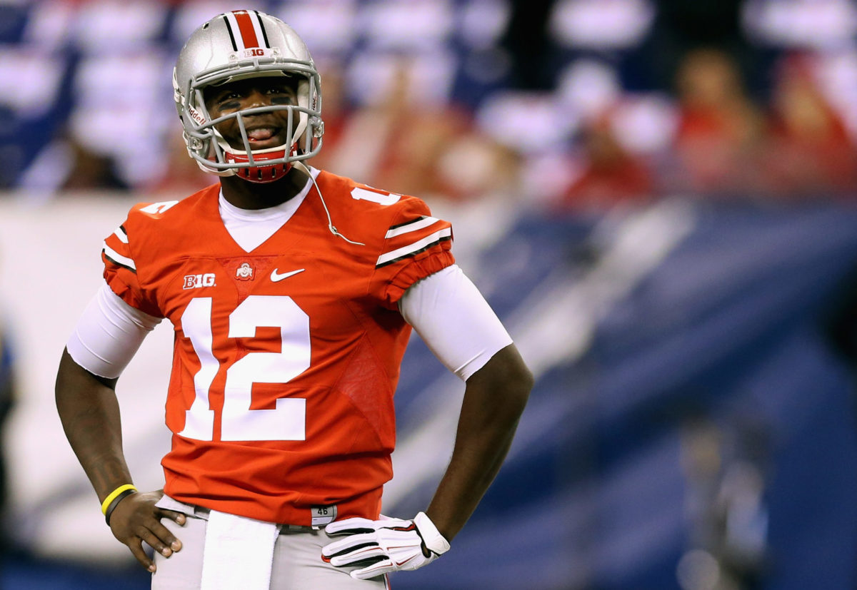 Cardale Jones smiling during warmups before an Ohio State football game.