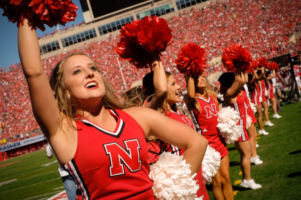 Nebraska cheerleaders perform during game.