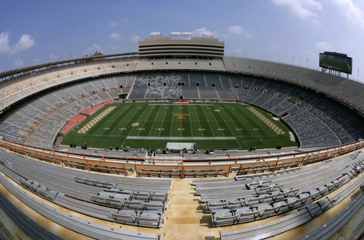 An upper deck view of the field at Neyland Stadium.