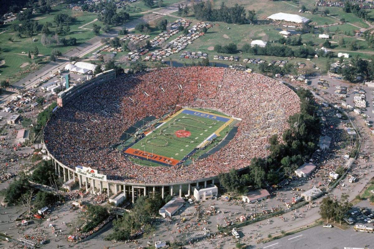 Aerial view of the half-time show at the 1984 Rose Bowl Game between UCLA and Illinois.