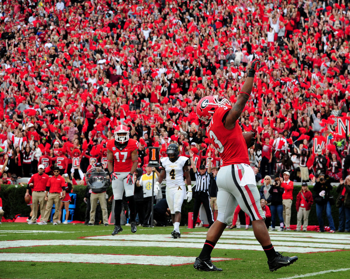 Todd Gurley celebrating a touchdown for Georgia.