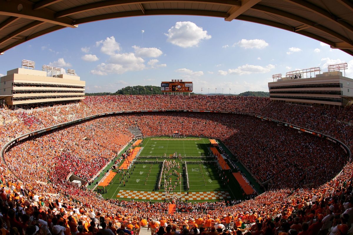 A high end zone view of the field at Neyland Stadium.