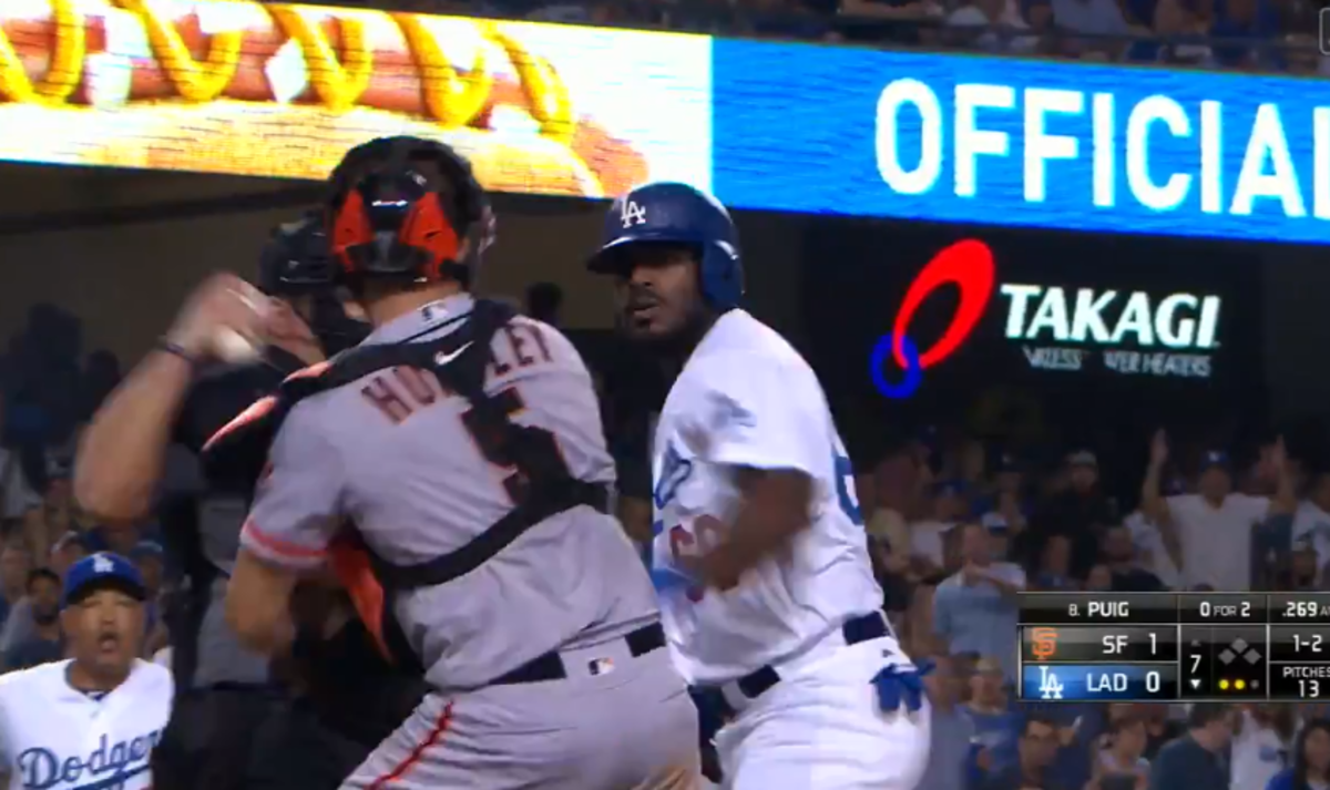 The Dodgers and Giants in a bench-clearing brawl.