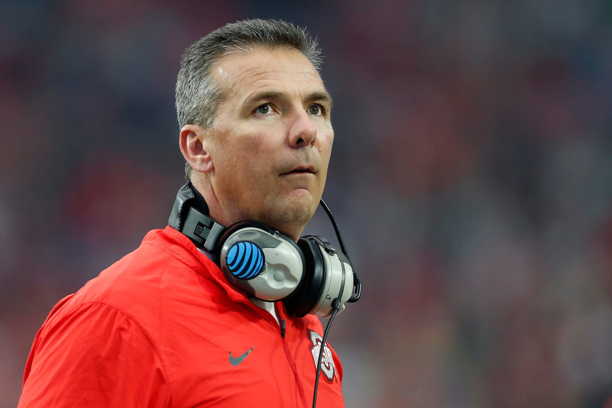 A closeup of Urban Meyer during an Ohio State football game.