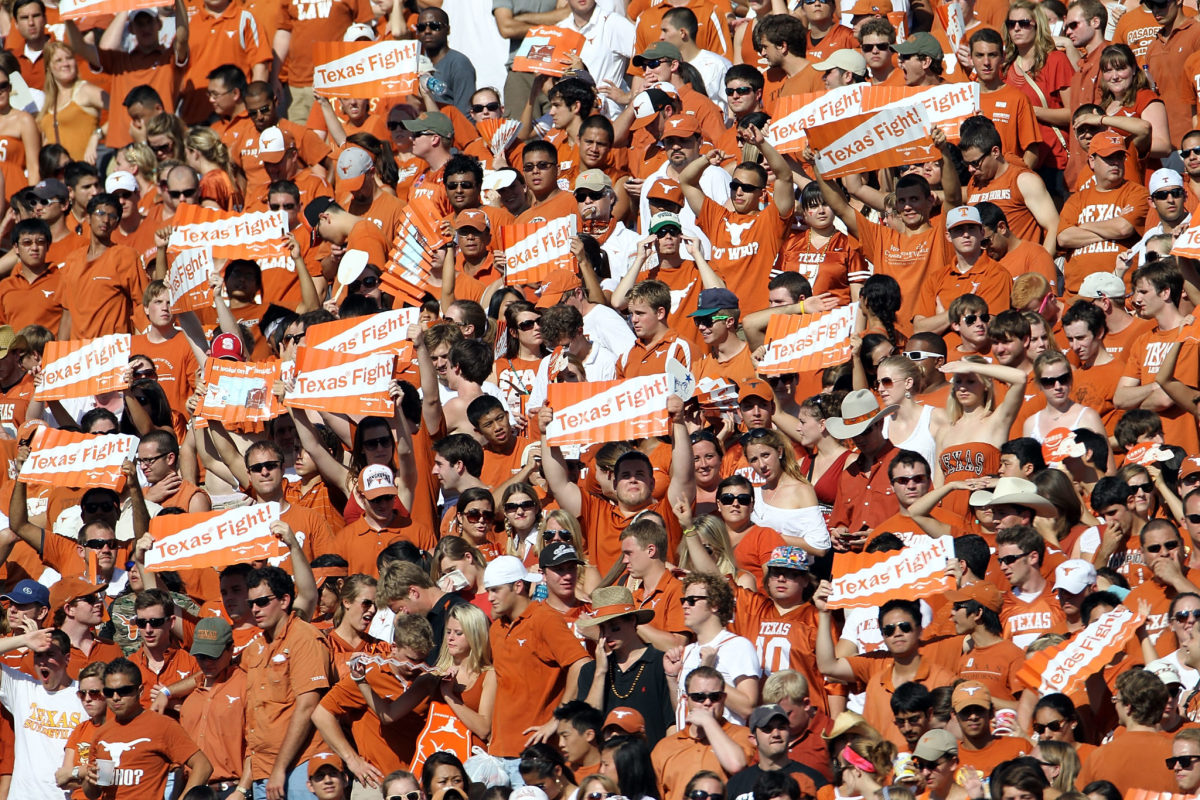 A view of fans during a game between the UCLA Bruins and the Texas Longhorns at Darrell K Royal-Texas Memorial Stadium.