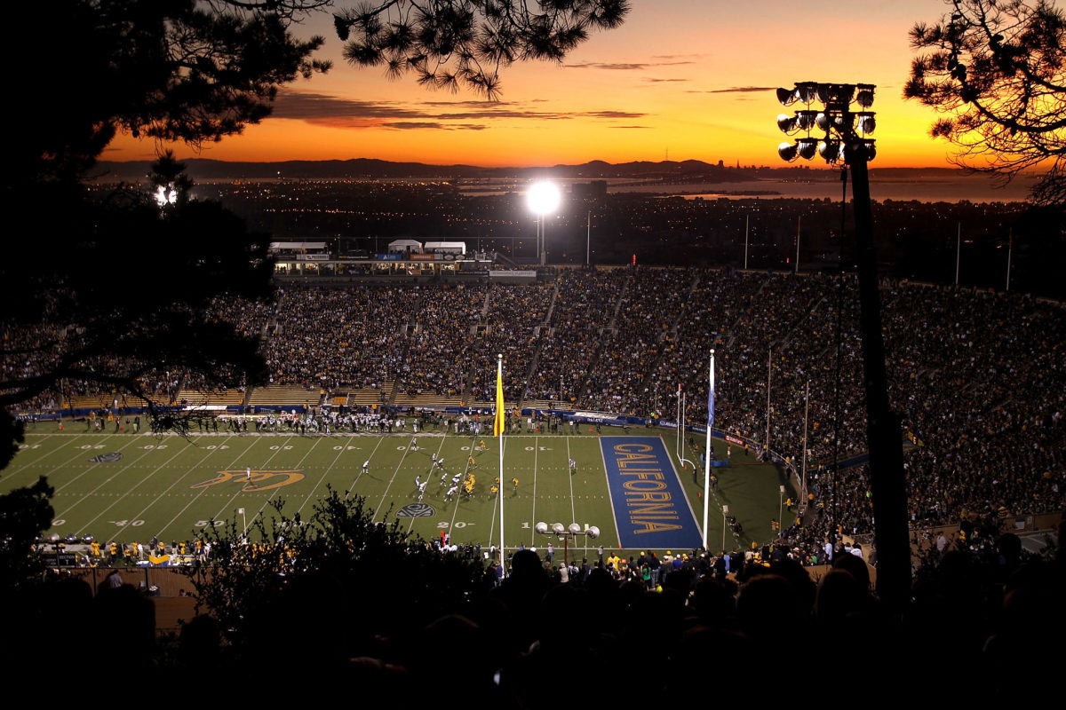 A view of Cal's football field during a sunset.