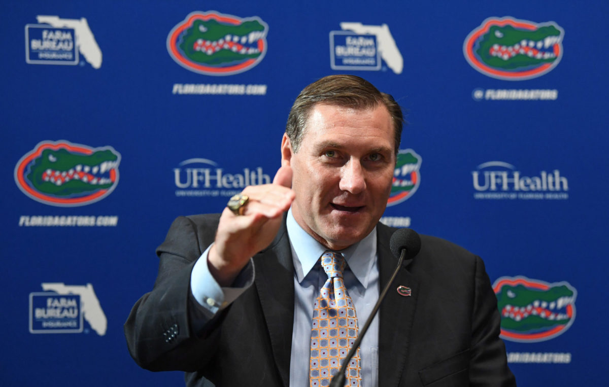 Dan Mullen speaking to the media at a Florida Gators press conference.