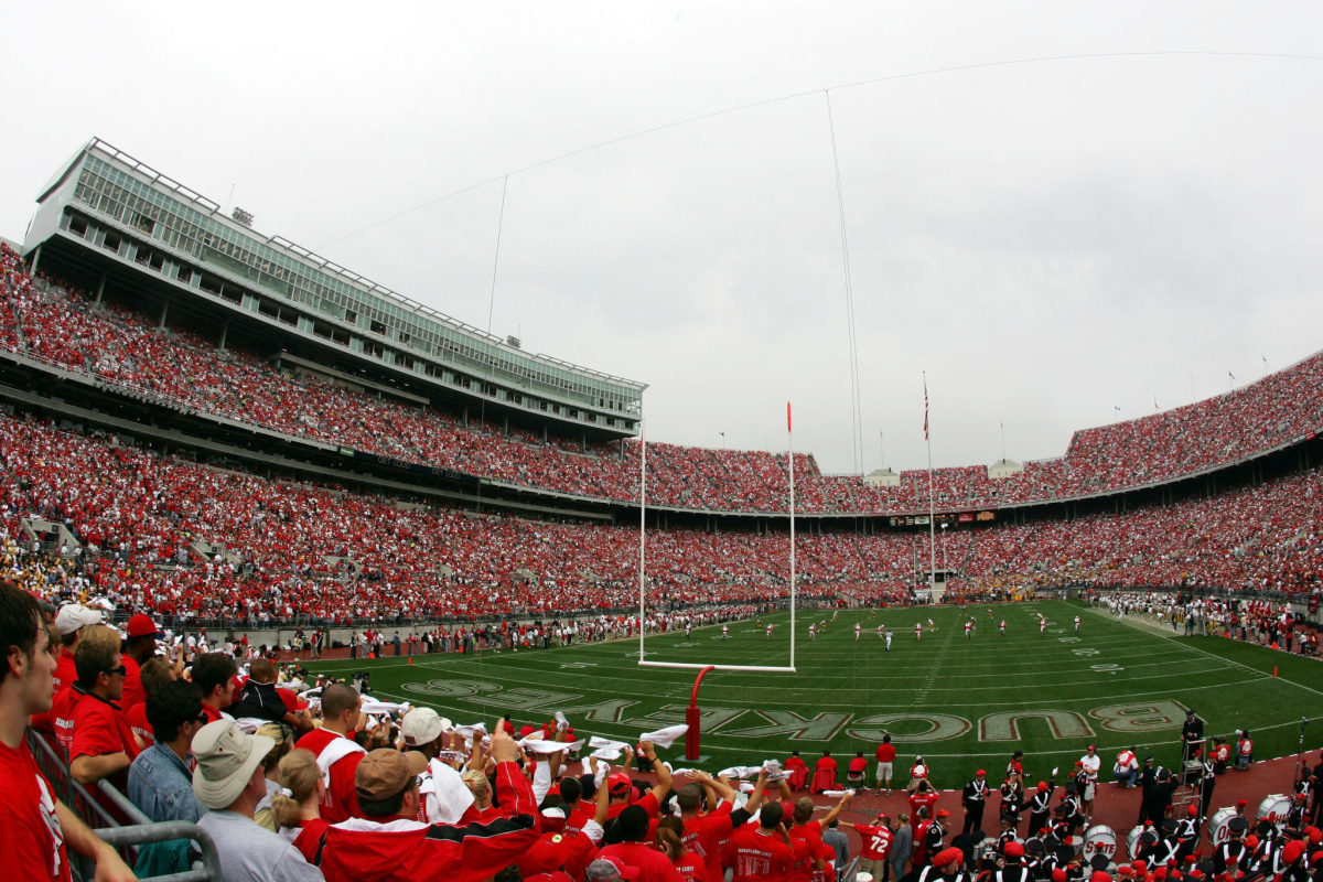 The opening kickoff takes place between Iowa and Ohio State during the first quarter on September 24, 2005 at Ohio Stadium in Columbus, Ohio.