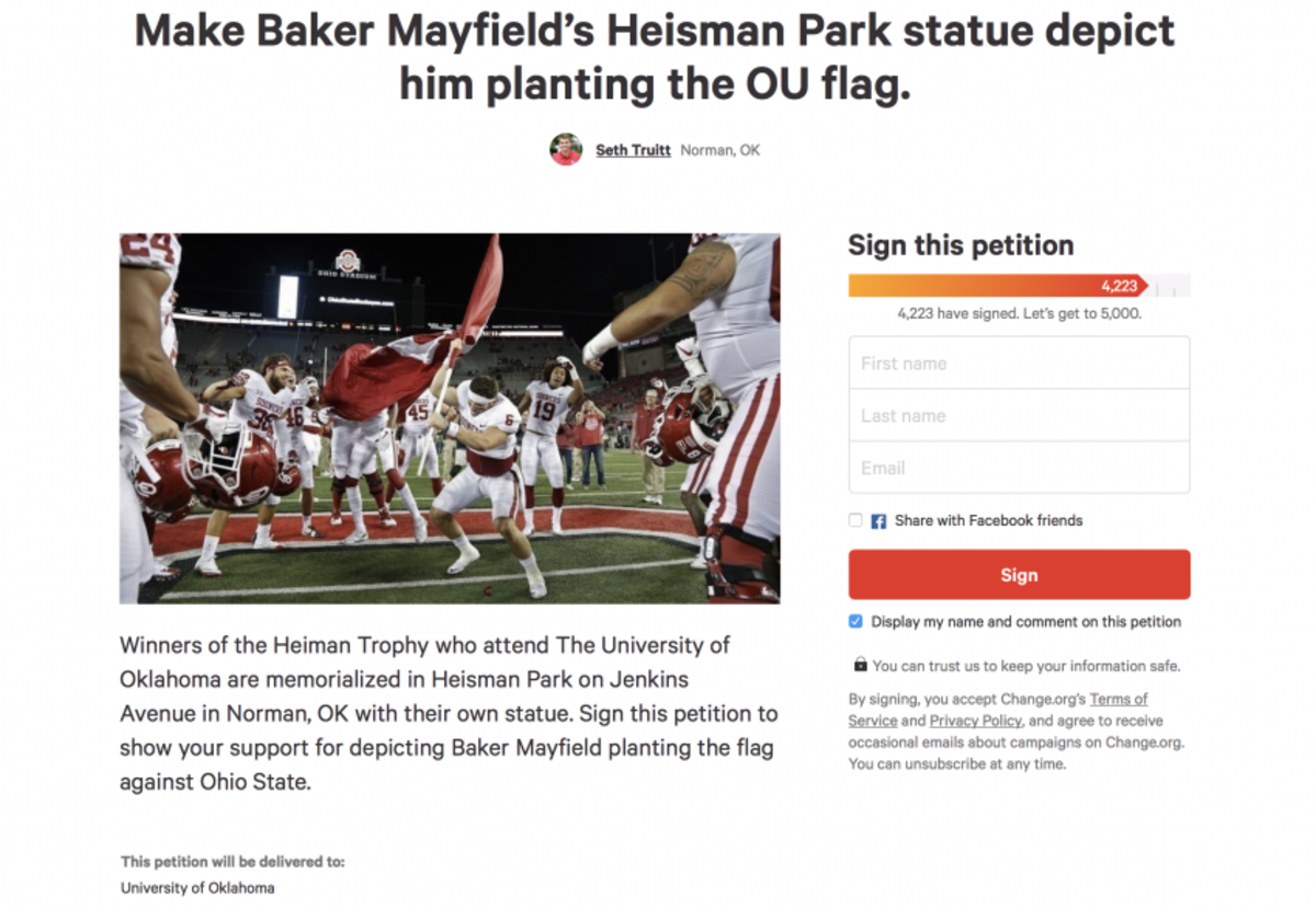 Oklahoma fans petition for Baker Mayfield flag statue if he wins