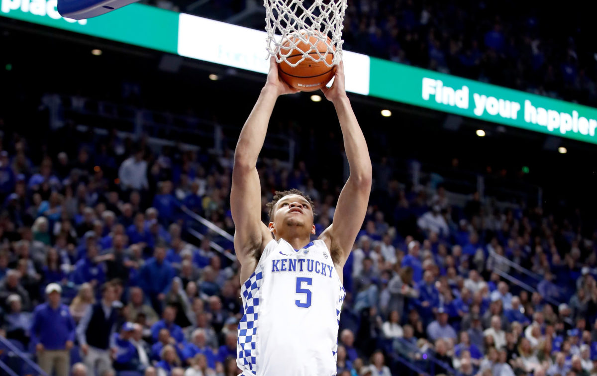 Kentucky's Kevin Knox dunking a basketball.