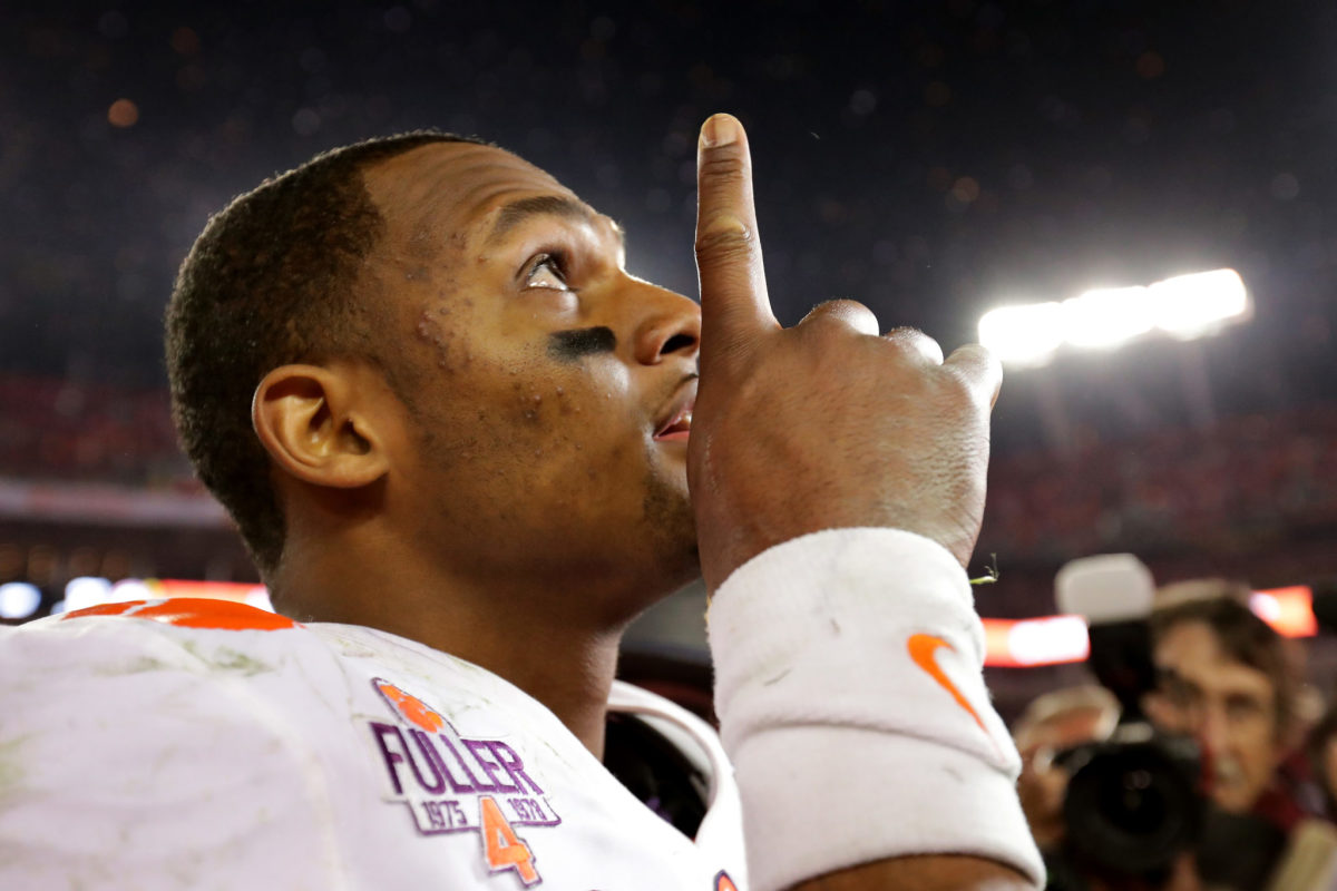 Quarterback Deshaun Watson of the Clemson Tigers reacts after defeating the Alabama Crimson Tide 35-31 to win the 2017 College Football Playoff National Championship Game.