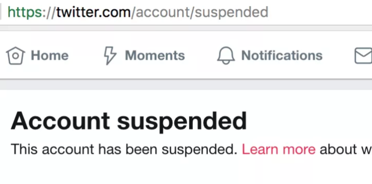 A screenshot of a Twitter suspension.