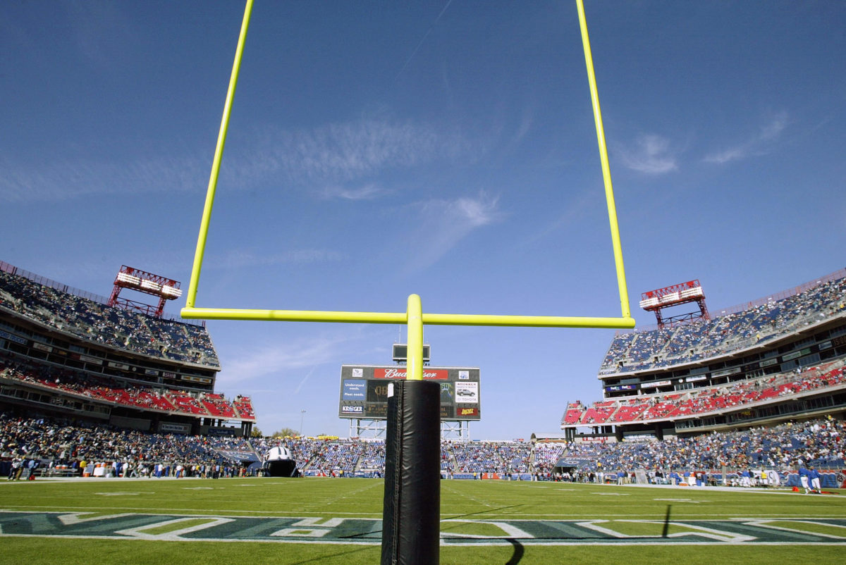 A view of the Tennessee Titans field from behind the goal post.