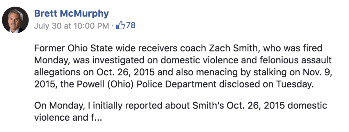 Brett McMurphy posts another Facebook post on Zach Smith.