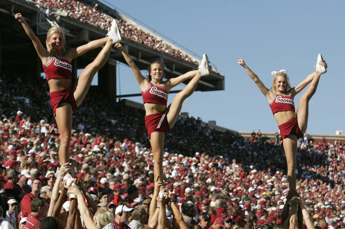 Cheerleaders of the Oklahoma Sooners perform during the game against the Texas A&M Aggies.