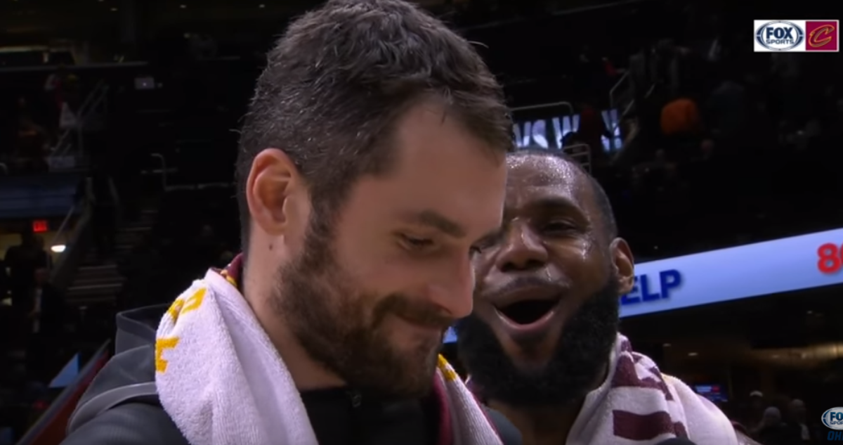 LeBron James and Kevin Love after a game.