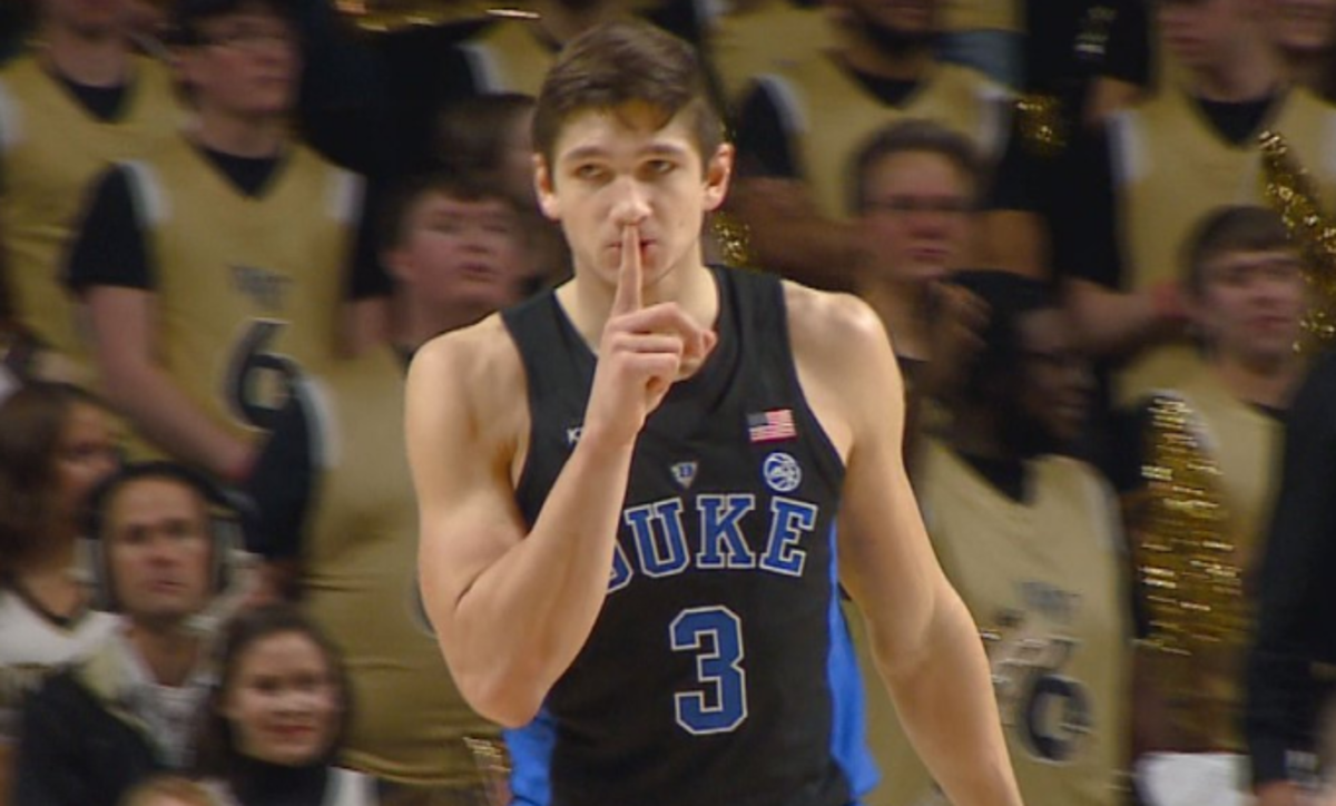Grayson Allen shushes the crowd during a Duke game.