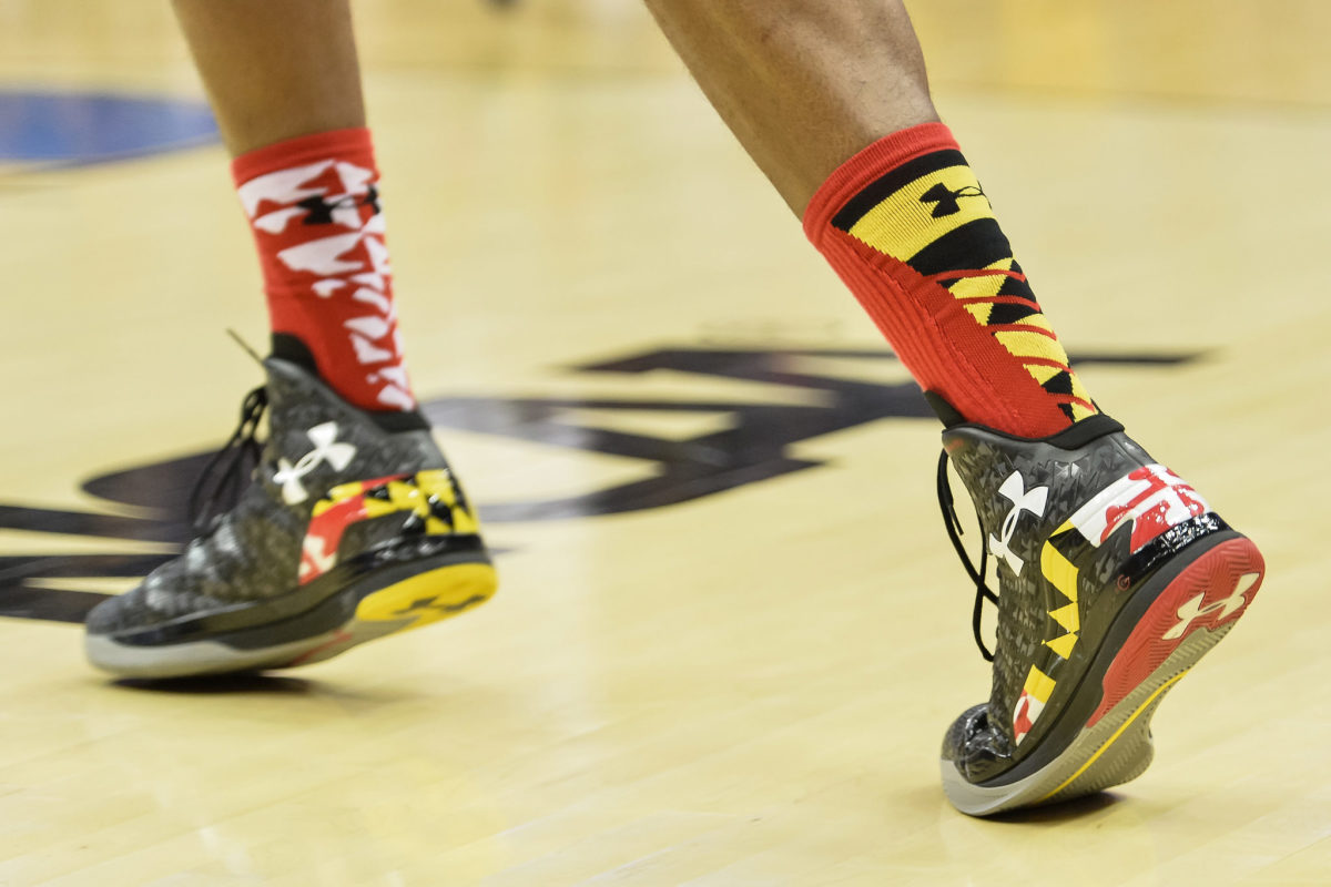 A closeup of a Maryland basketball player's sneakers