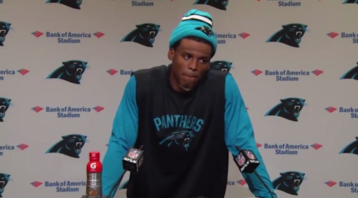 Cam Netwon during a press conference.