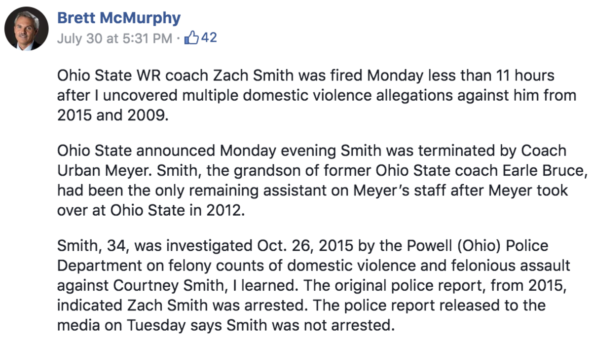 Bret McMurphy's Facebook post on Zach Smith.