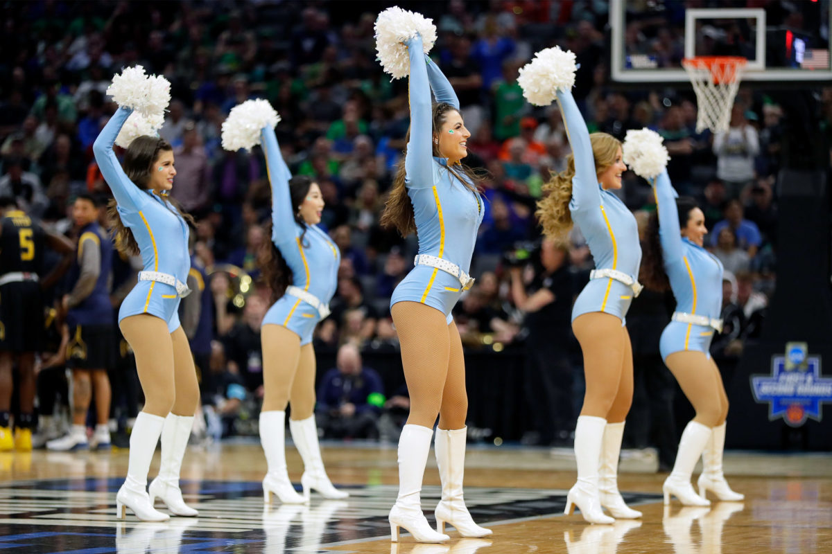 The UCLA Bruins cheerleaders cheer on their team against the Kent State Golden Flashes during the first round of the 2017 NCAA Men's Basketball Tournament.