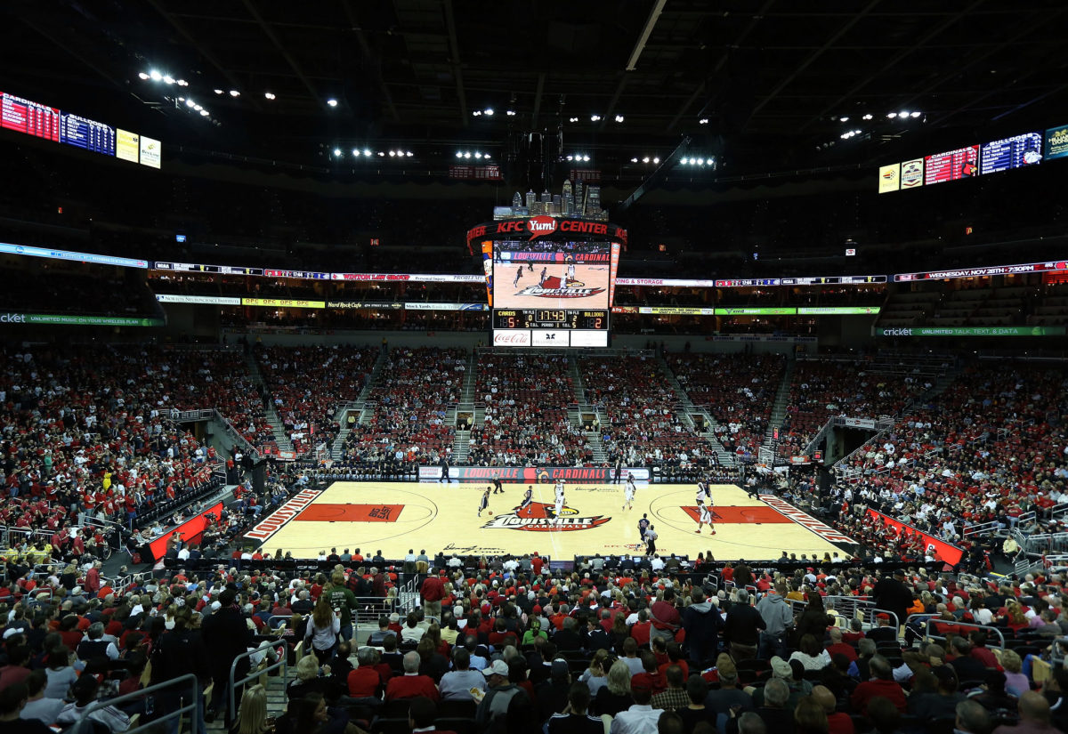 Louisville's basketball court from midcourt in the stands.