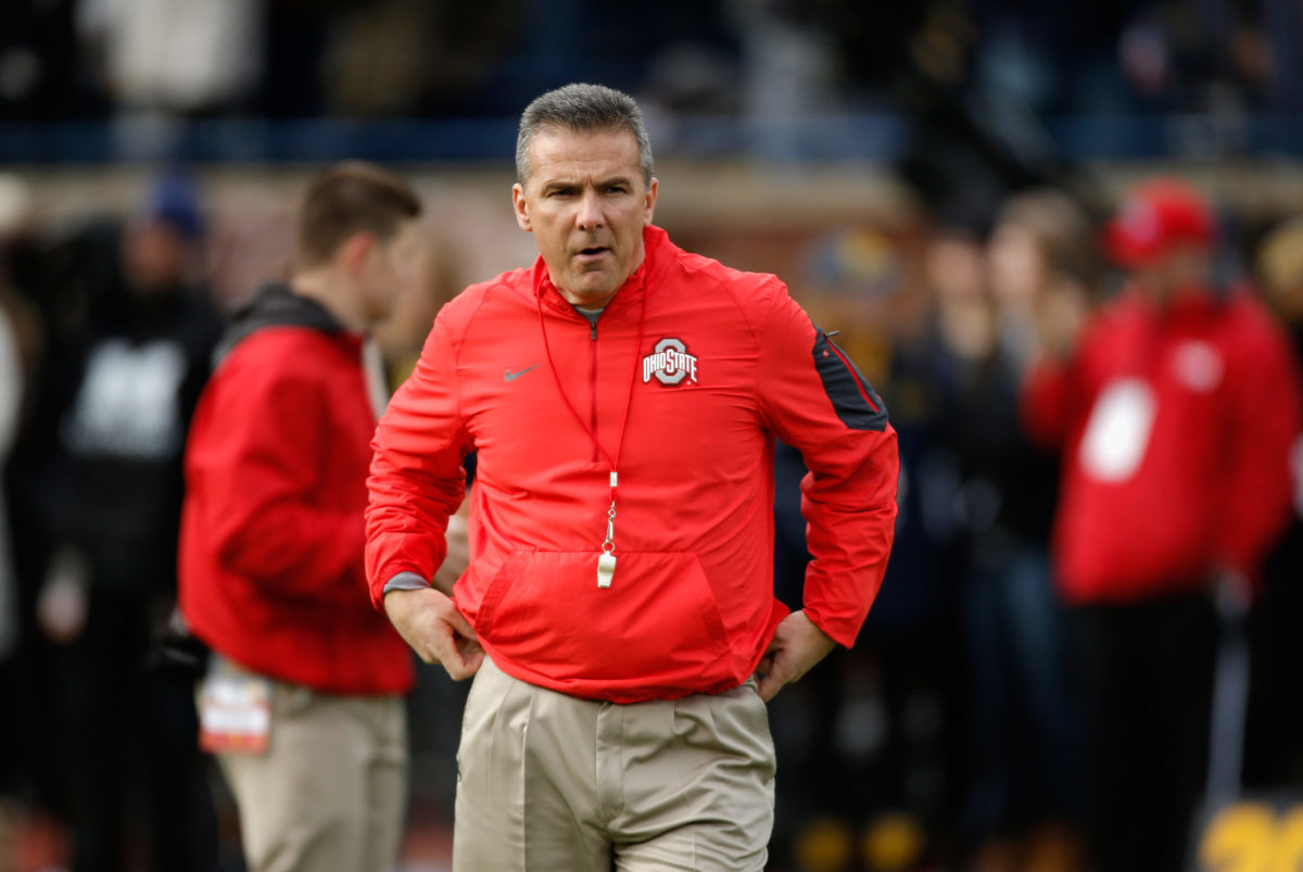 A closeup of Urban Meyer before an Ohio State football game.