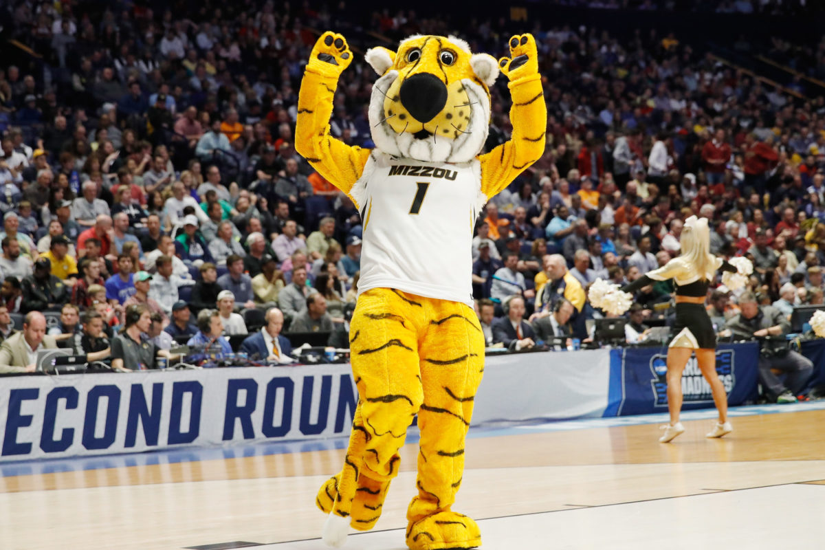 Missouri's mascot during a basketball game.