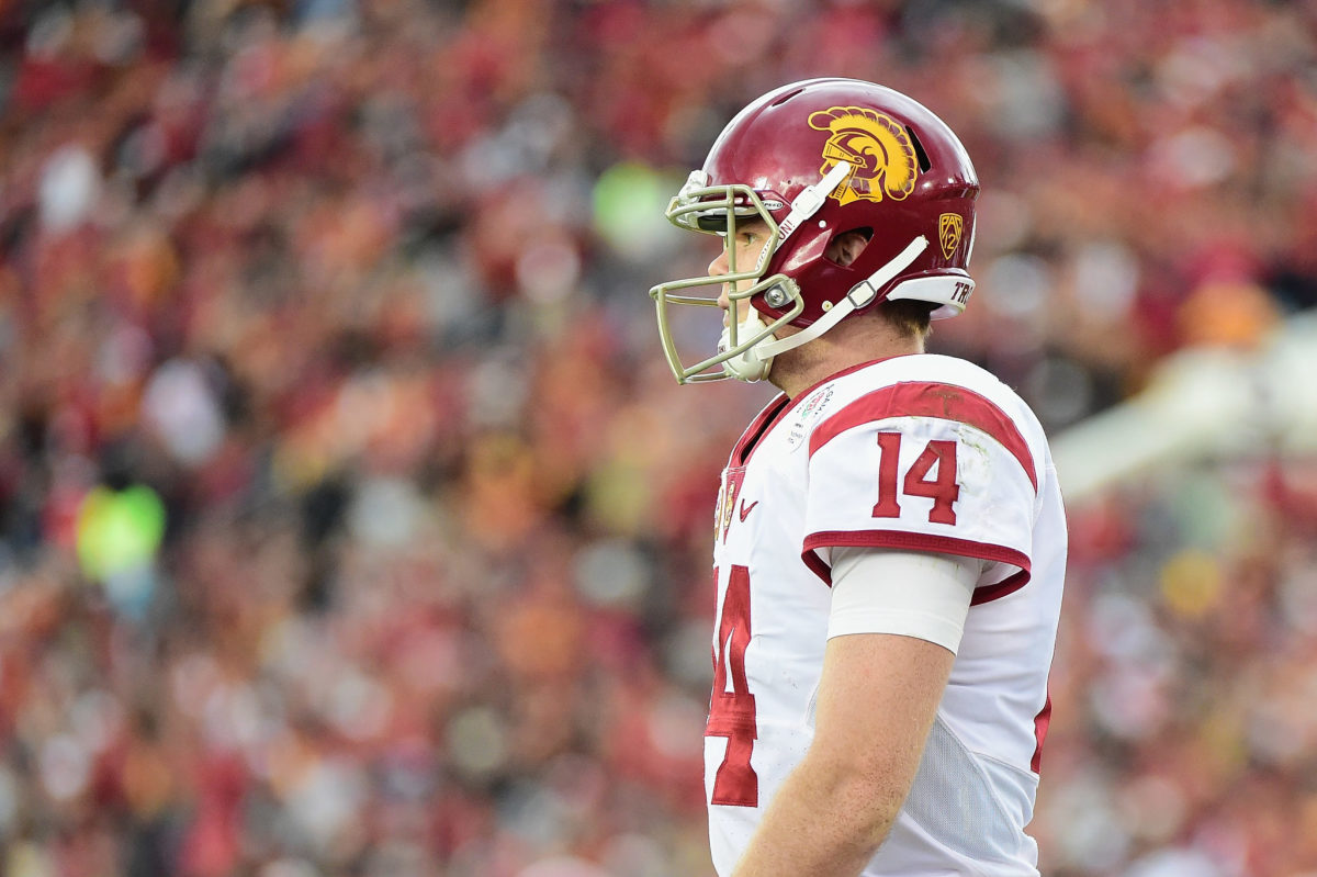 A picture of Sam Darnold in his away USC uniform.