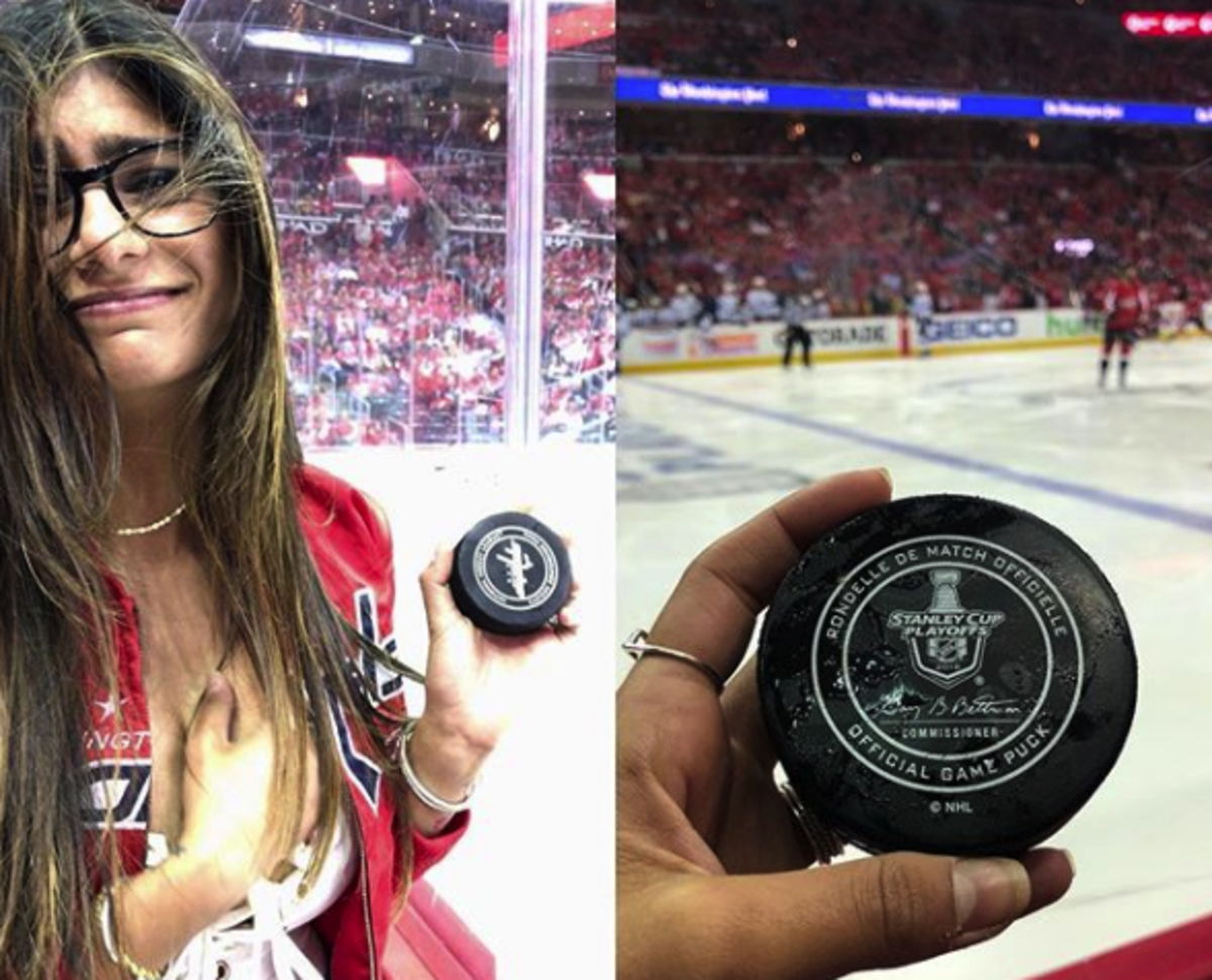 Mia Khalifa says she took a puck off the chest during an NHL playoff game.