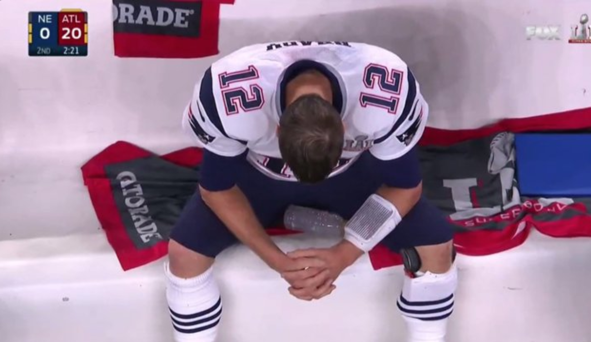 Tom Brady looks dejected when his team is down 20-0 in the Super Bowl.