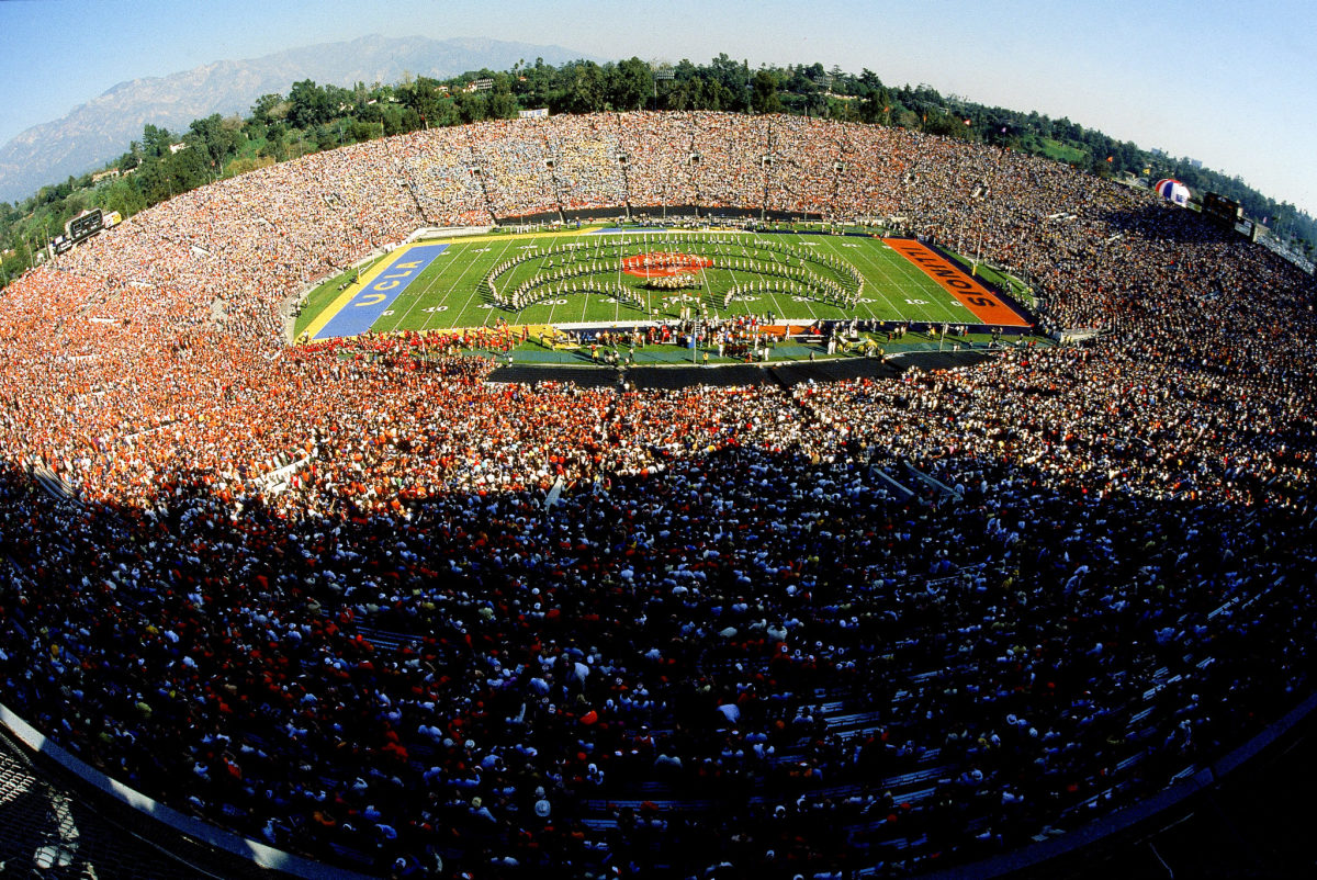 Fisheye view of the half-time show at the 1984 Rose Bowl Game between UCLA and Illinois, Pasadena, California.