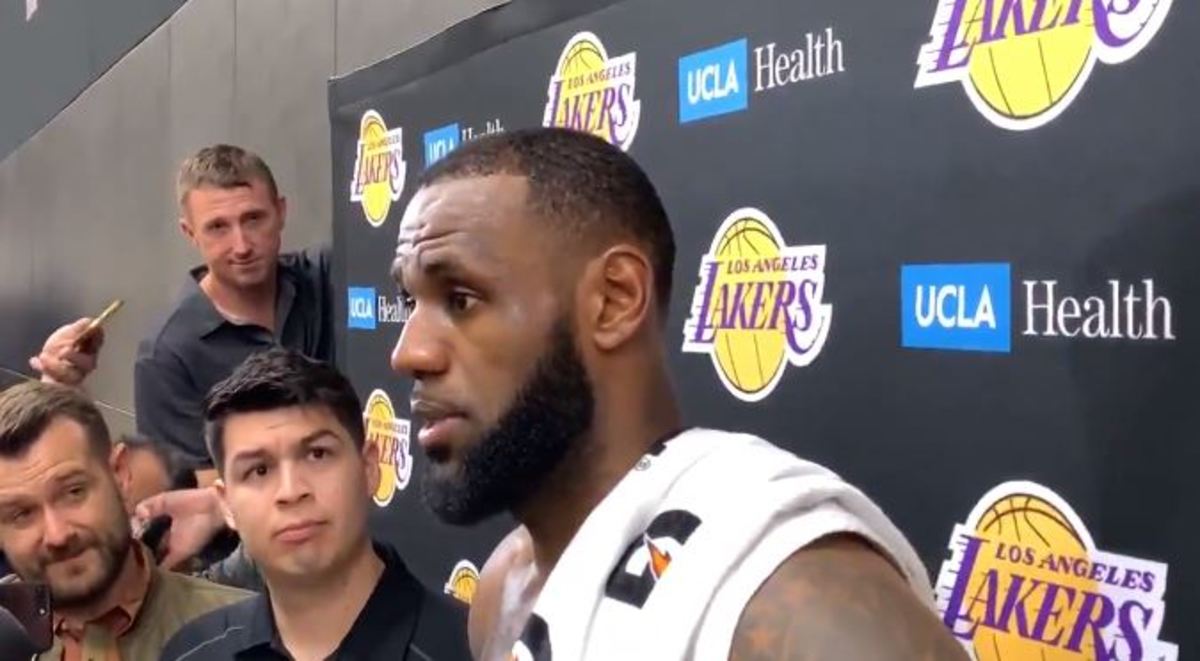 LeBron James speaks to the media after Lakers practice.