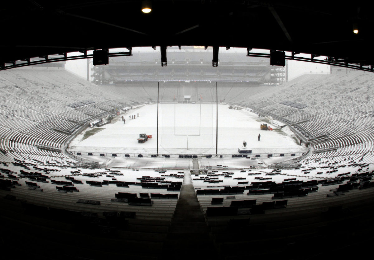 Beaver Stadium covered in snow.