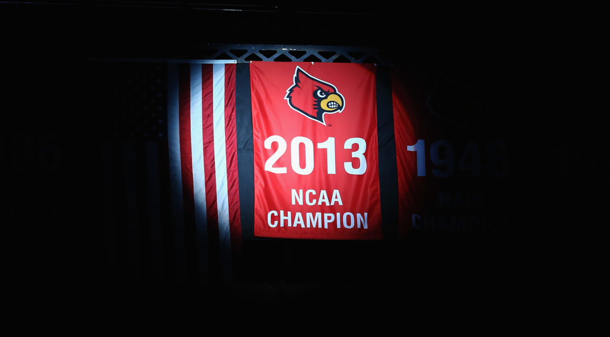 A close-up of Louisville's 2013 NCAA Champion banner.