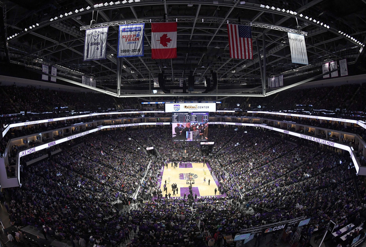 A overview of Golden 1 Center while the San Antonio Spurs play the Sacramento Kings during an NBA basketball game at Golden 1 Center.